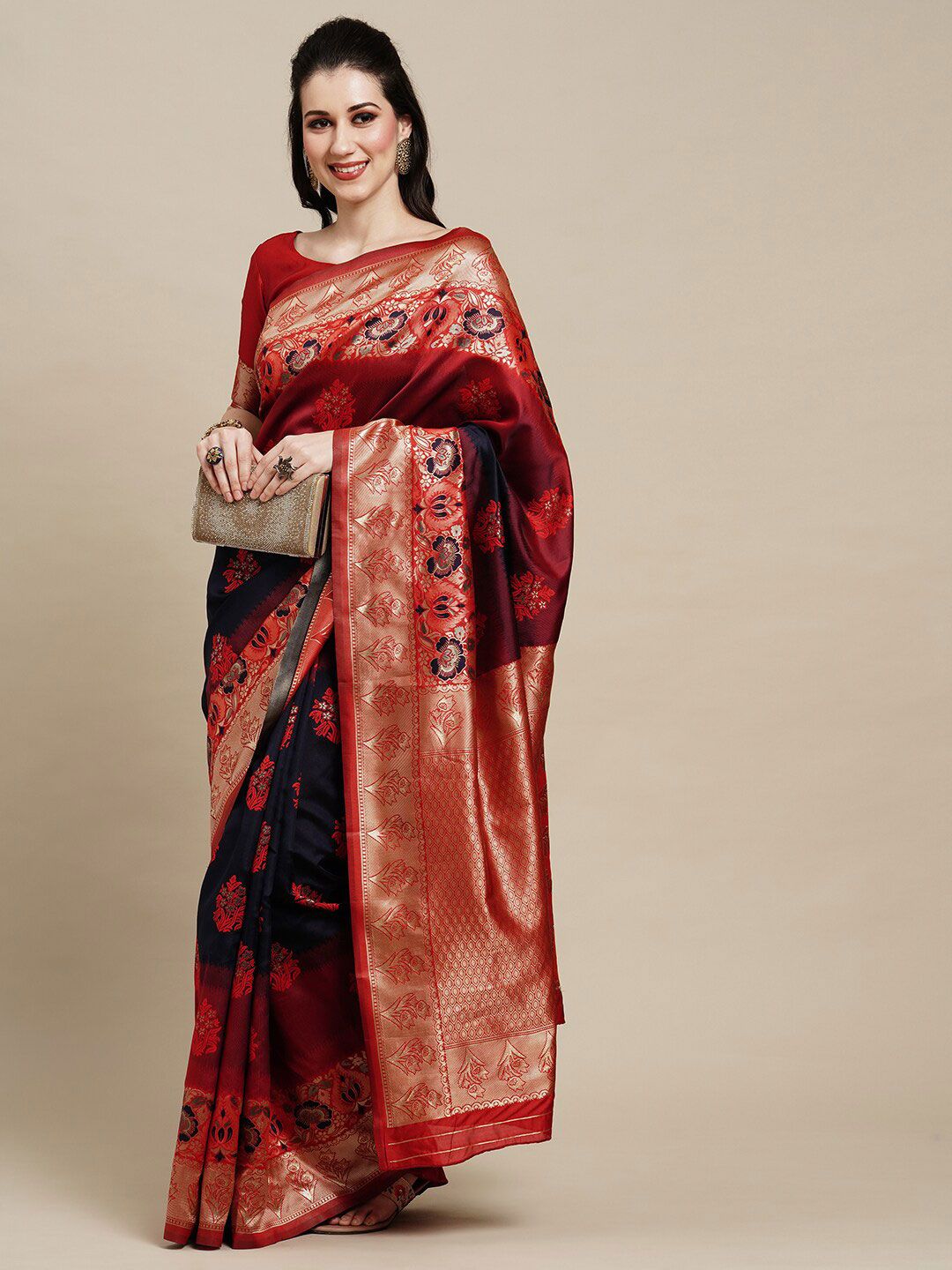 Saree mall Navy Blue & Gold-Toned Floral Woven Design Zari Kanjeevaram Sarees