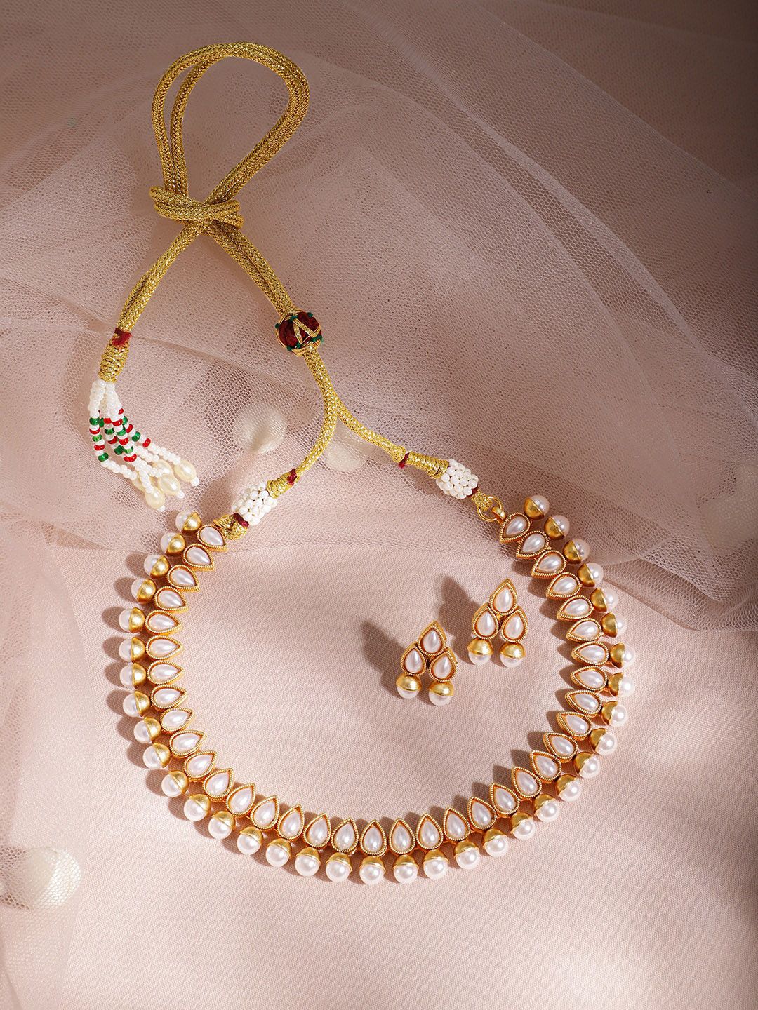 Rubans 18k emas bersalut mutiara putih manik kalung choker buatan tangan kontemporari