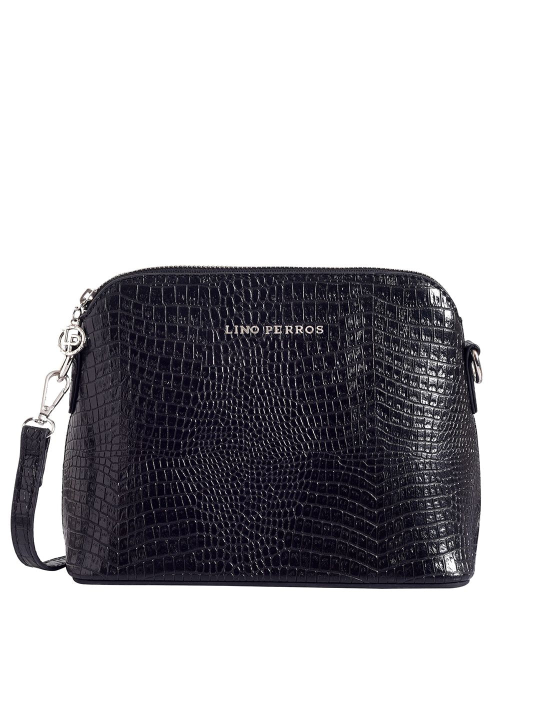 Lino Perros Women Black Croc-Textured Structured Sling Bag