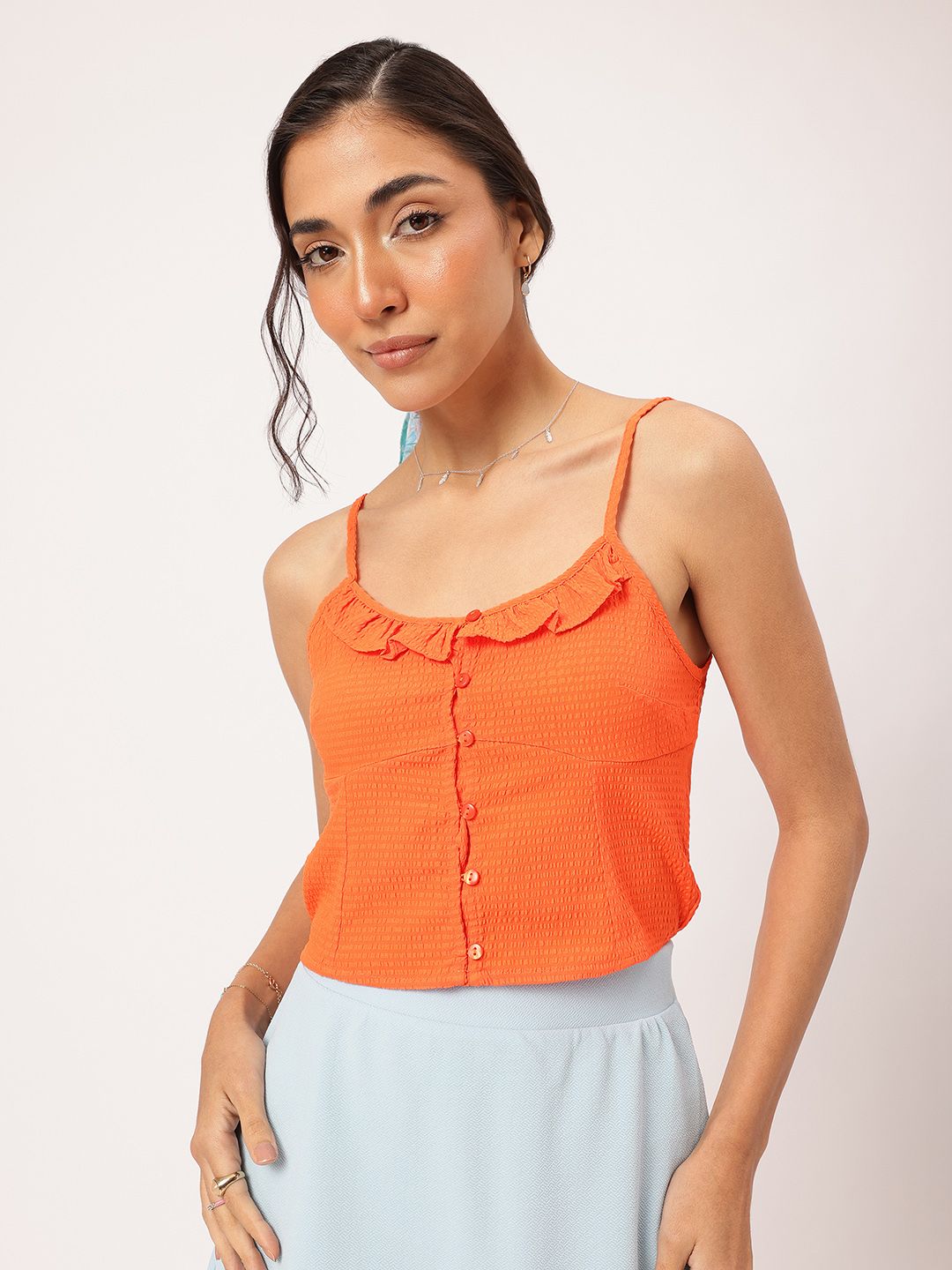 DressBerry Seersucker Sweetheart Ruffled Crop Top