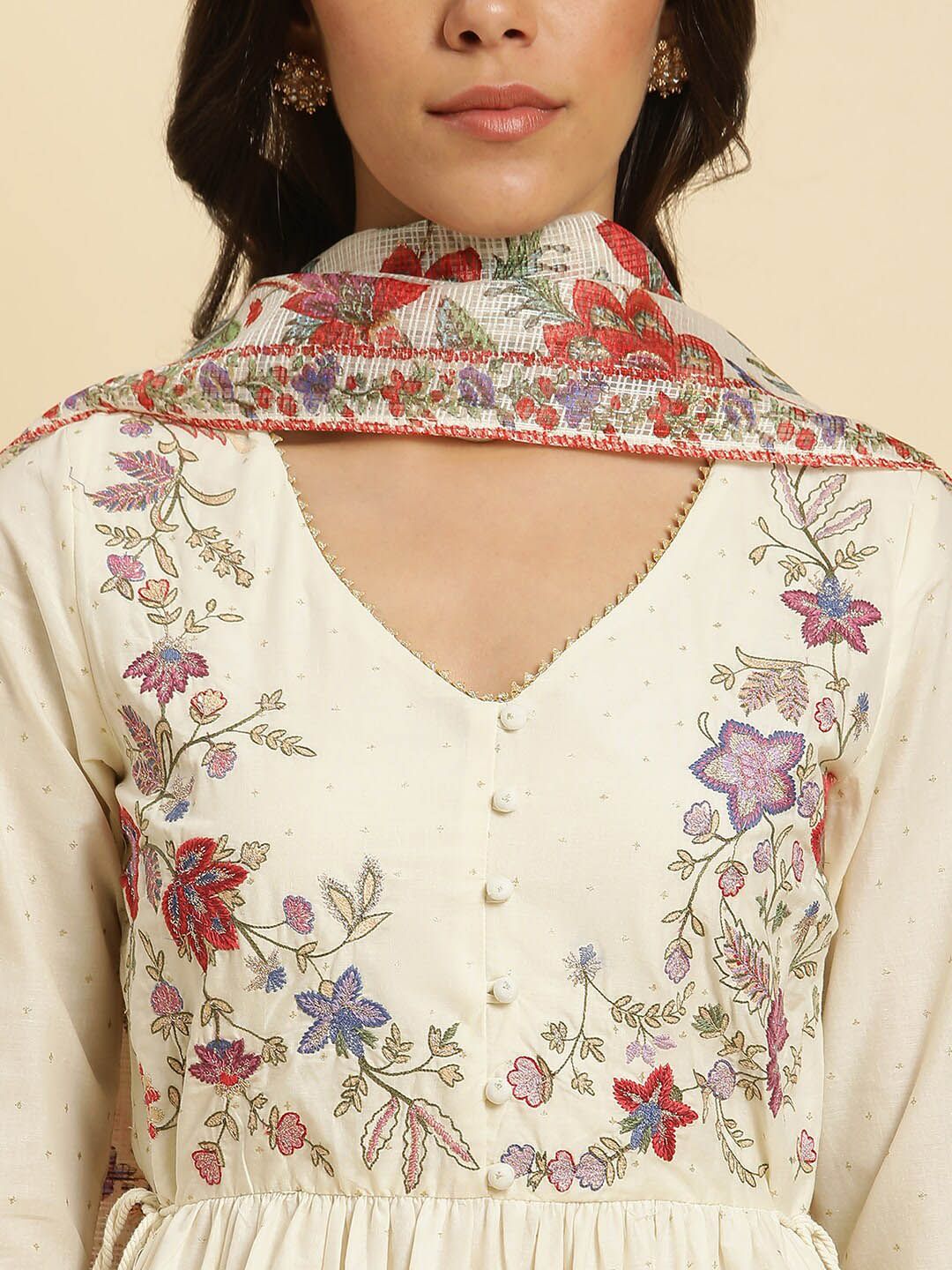 W Floral Embroidered Thread Work Pure Cotton A Line Kurta With Trousers & Dupatta