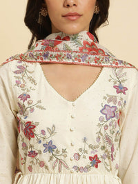 W Floral Embroidered Thread Work Pure Cotton A Line Kurta With Trousers & Dupatta