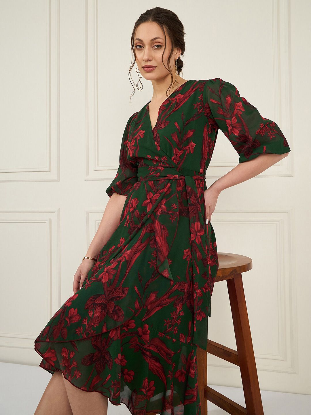 Antheaa Floral Printed Asymmetric Layered Georgette Wrap Midi Dress