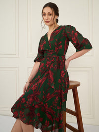 Antheaa Floral Printed Asymmetric Layered Georgette Wrap Midi Dress