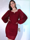 Tokyo Talkies Ruched Square Neck Long Puff Sleeve Bodycon Dress