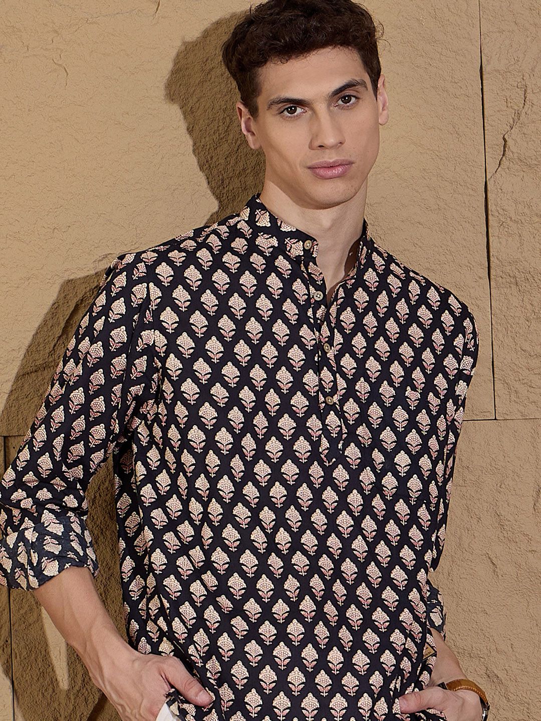 Dennison Floral Printed Band Collar Cotton Pure Straight Kurta