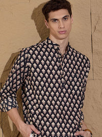 Dennison Floral Printed Band Collar Cotton Pure Straight Kurta