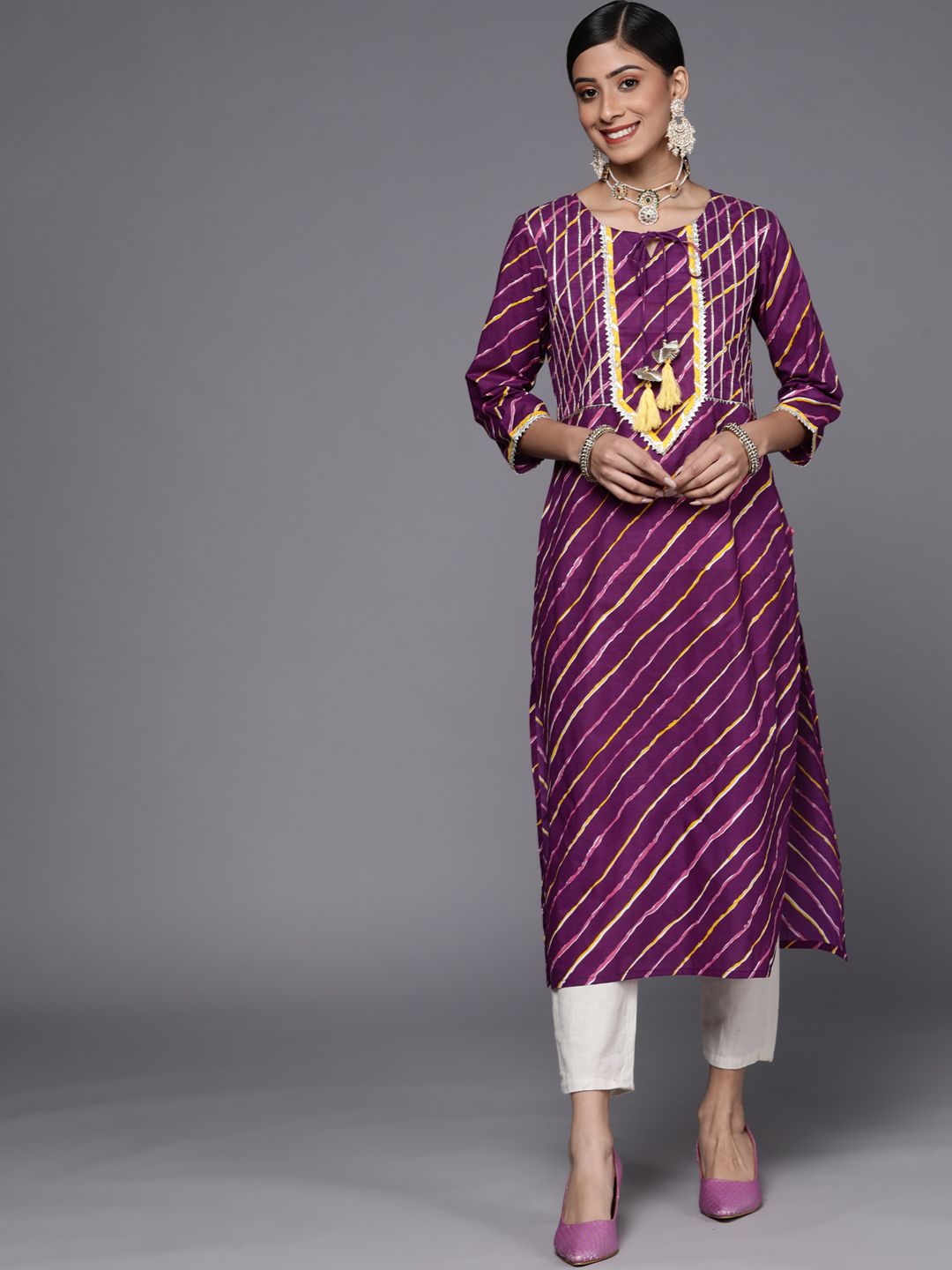 Varanga Women Purple & Yellow Leheriya Printed Gotta Patti Kurta