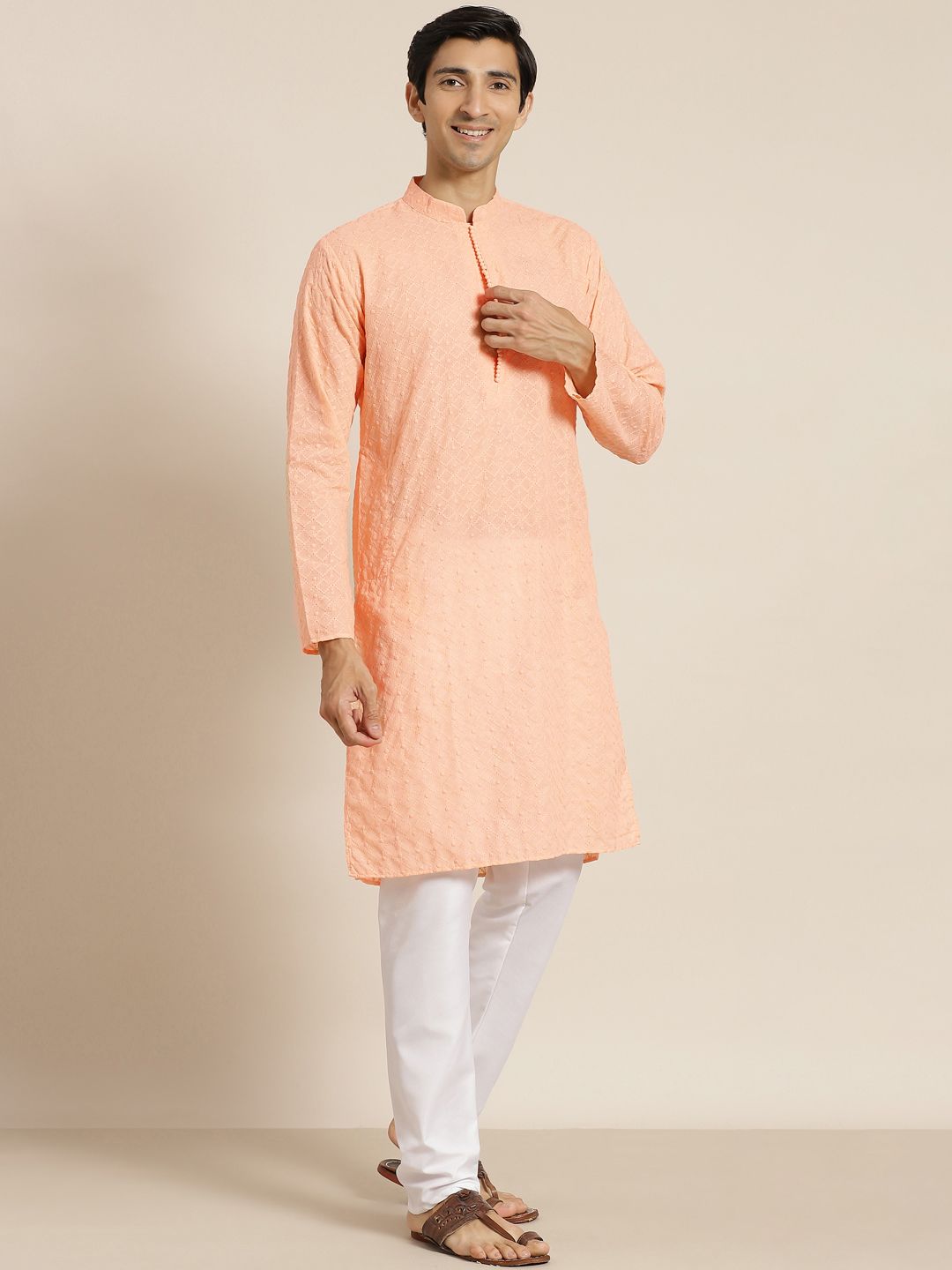 SOJANYA Men Peach-Coloured Ethnic Motifs Pure Cotton Kurta with Churidar & Nehru Jacket