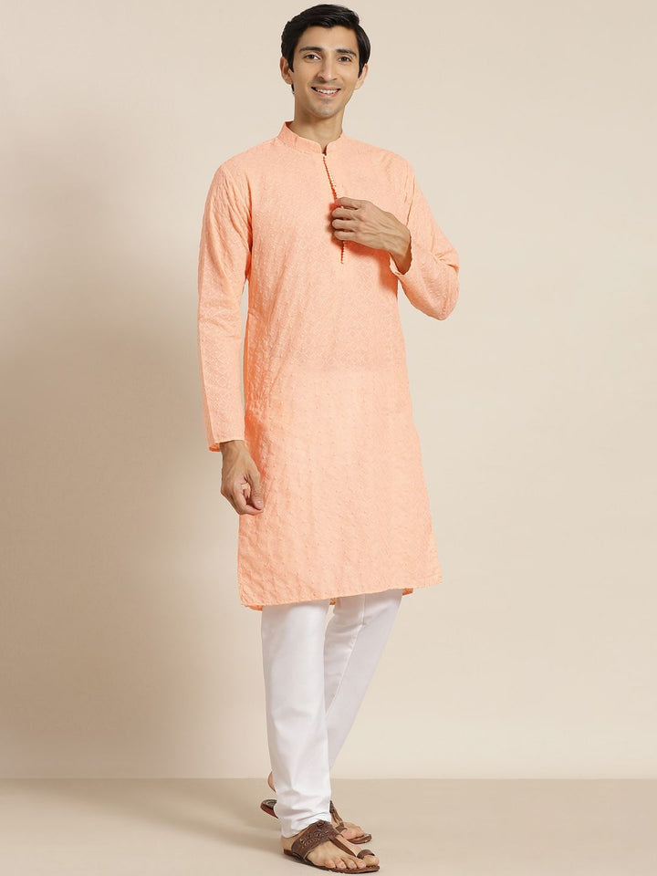 SOJANYA Men Peach-Coloured Ethnic Motifs Pure Cotton Kurta with Churidar & Nehru Jacket