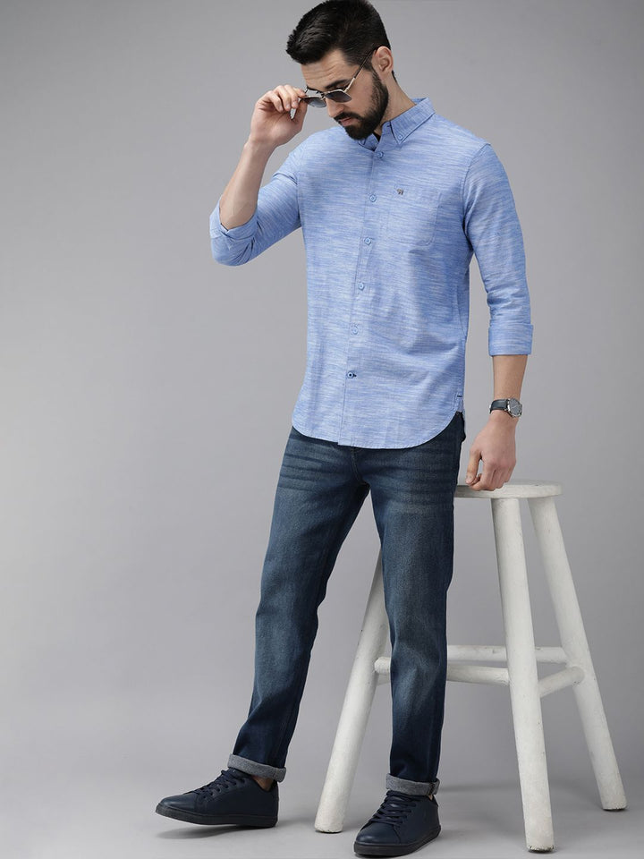 THE BEAR HOUSE Men Blue Self Design Slim Fit Cotton Chambray Shirt
