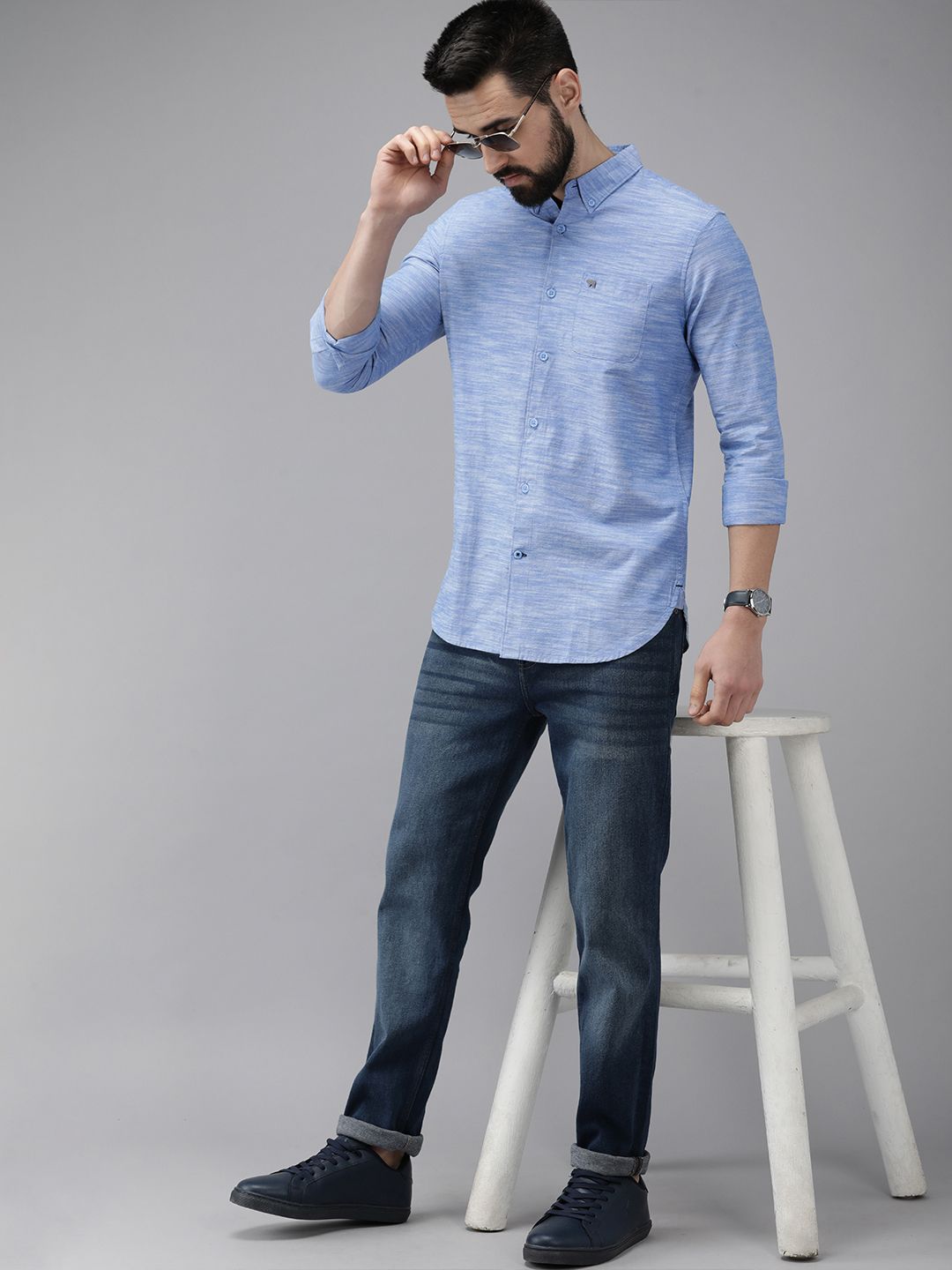 THE BEAR HOUSE Men Blue Self Design Slim Fit Cotton Chambray Shirt