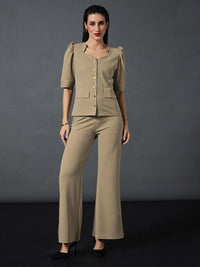 SASSAFRAS worklyf Brown Puff Sleeves Top & Trousers Co-Ords