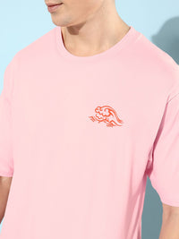 Difference of Opinion Men Pink & Orange Pure Cotton Typography Printed Loose T-shirt