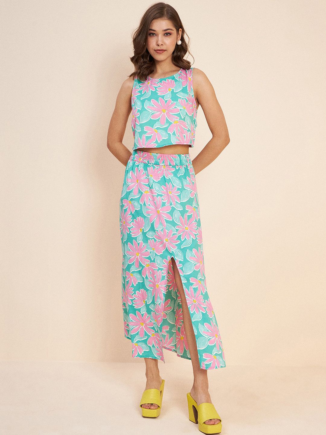 Antheaa Floral Printed Crop Top & Midi Skirt
