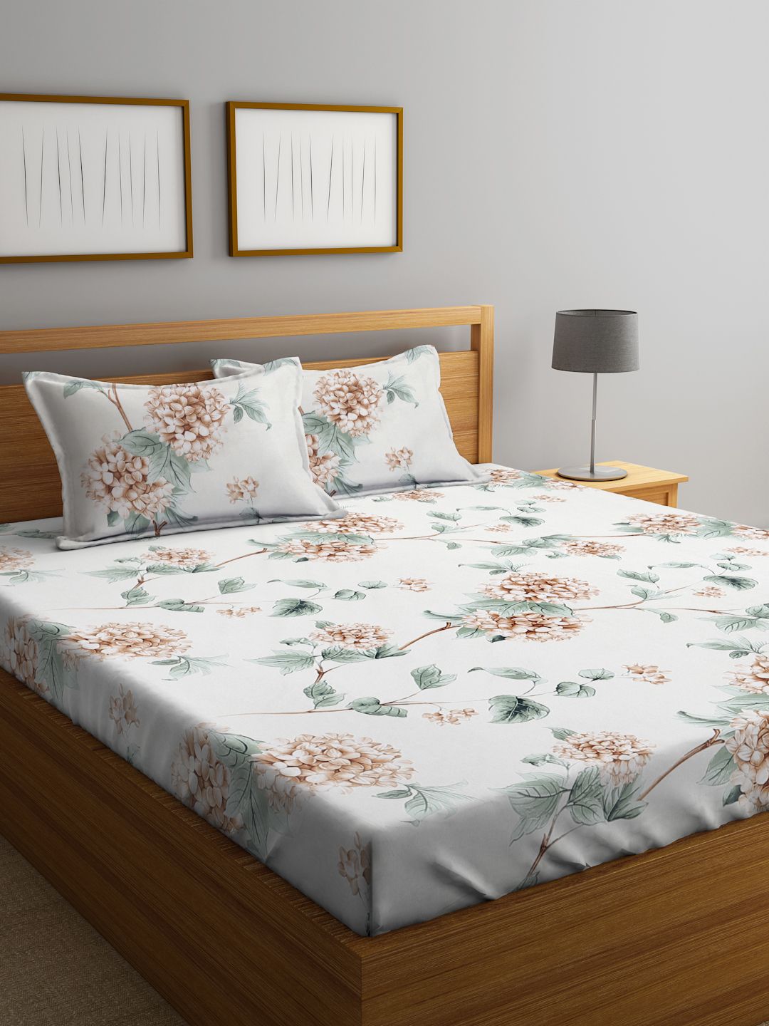 KLOTTHE Floral Printed 300 TC Fitted King Bedsheet with 2 Pillow Covers