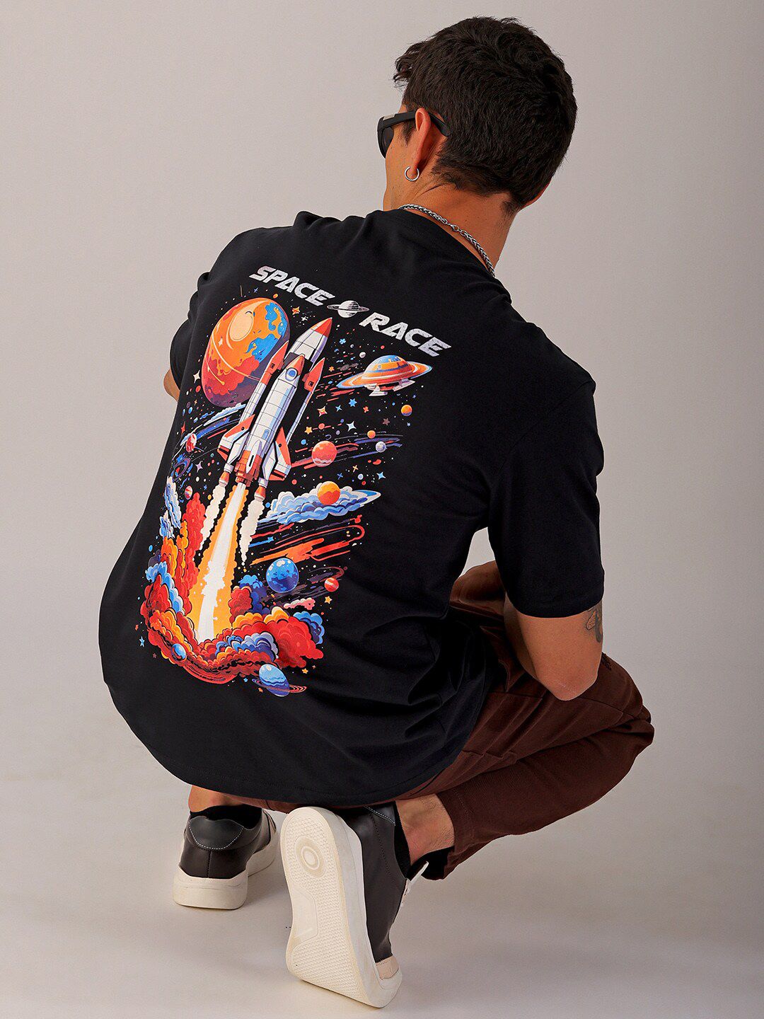 The Indian Garage Co Men Back Printed Boxy Oversized Round Neck T-shirt
