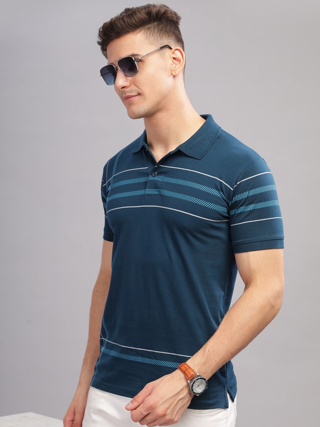 ADRO Striped Oversized Polo Collar Pure Cotton T-shirt