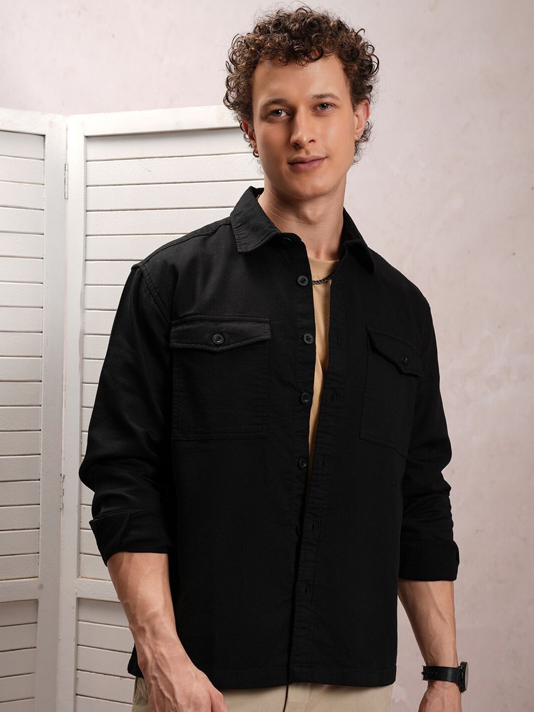 Locomotive Men Dobby Textured Solid Utility Pocket Overshirt