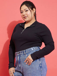 SASSAFRAS Curve Plus Size Black Knitted Rib Front Zipper Fitted Top