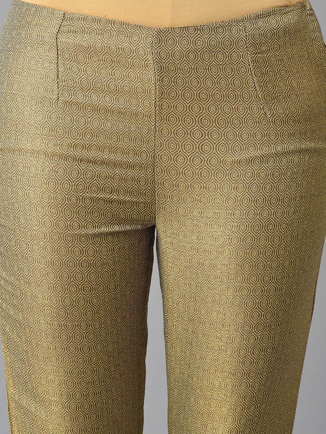 W Women Gold-Toned Woven Design Comfort Slim Fit Cropped Trousers