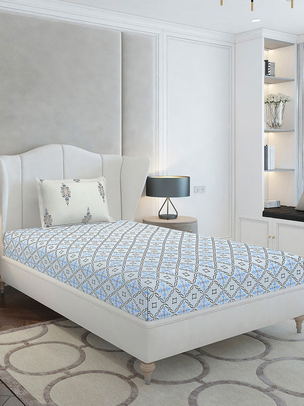 Monte Carlo Grey & White Printed Cotton 144 TC Single Bedsheet Set 2.29 m x 1.52 m