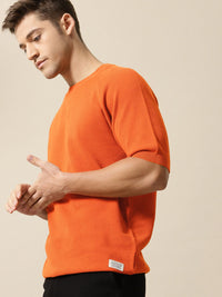 Mr Bowerbird Men Rust-Coloured Solid Tailored Fit Round Neck Sweater Pure Cotton T-shirt