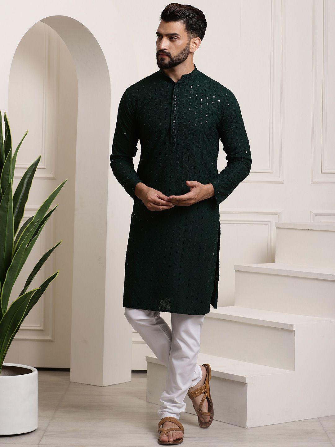 SOJANYA Ethnic Motifs Embroidered Sequinned Pure Cotton Kurta with Churidar