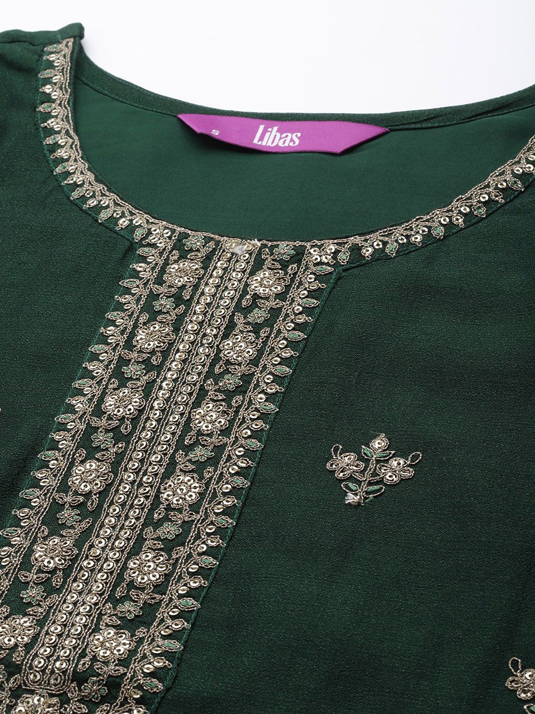 Libas Women Green & White Yoke Design Floral Motifs Straight Kurta