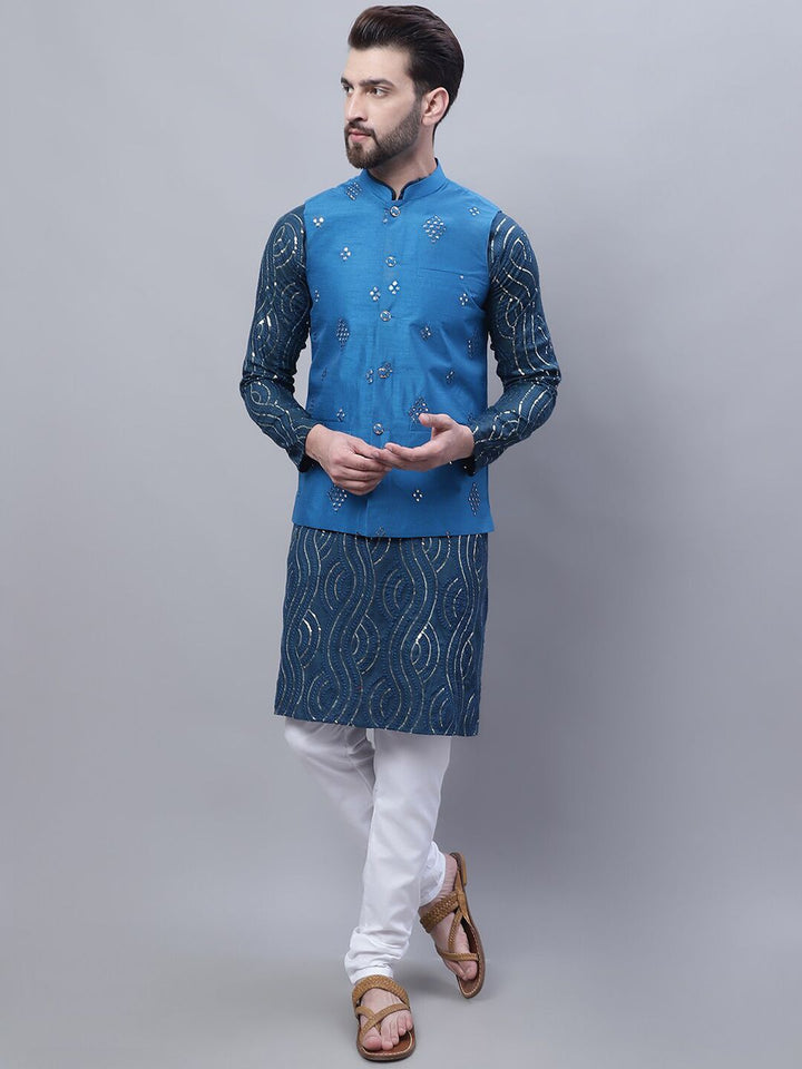 SOJANYA Kurta Kapas Tulen Bersulam Labuci Dengan Churidar Dengan Jaket Nehru