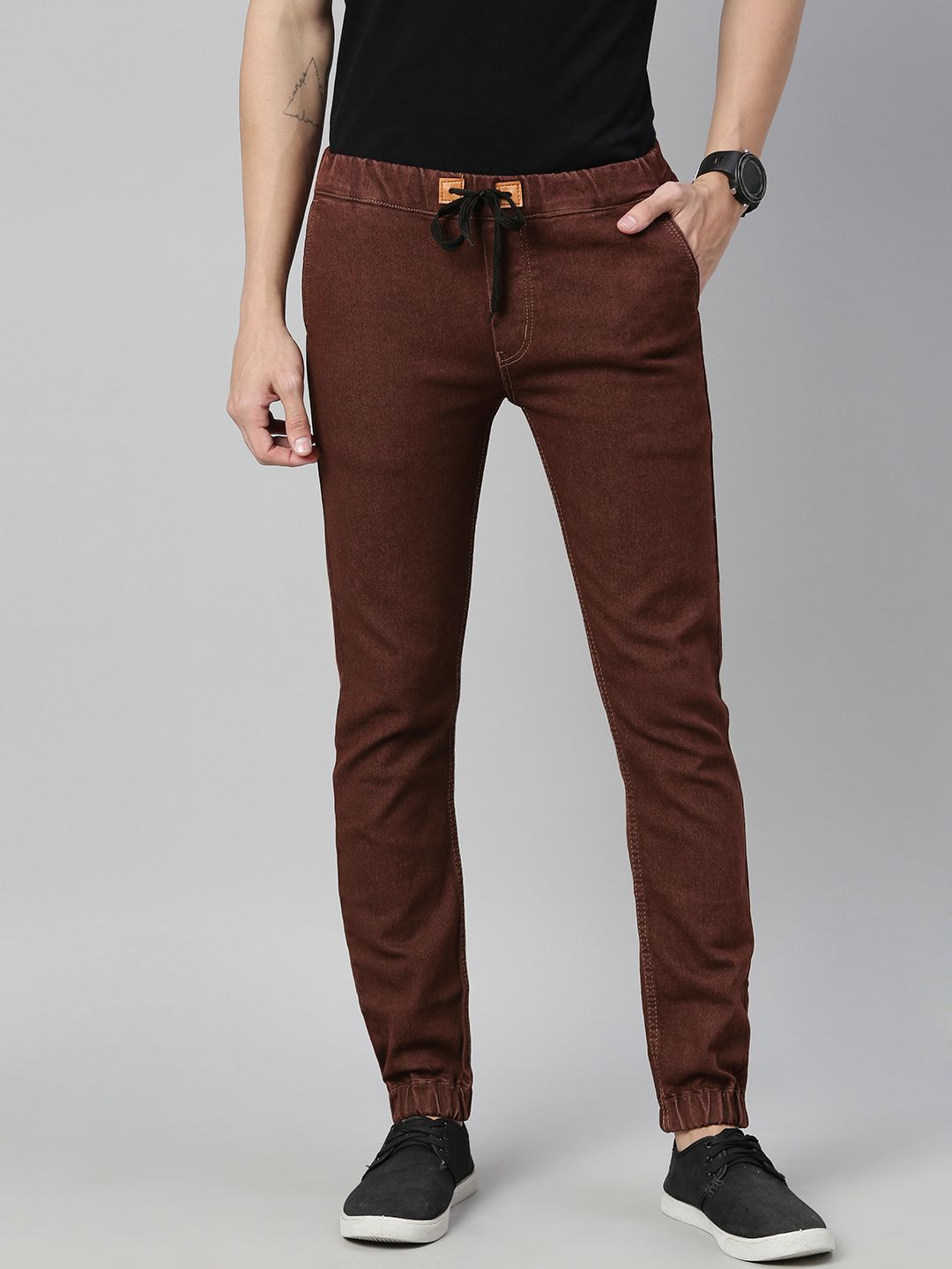Urbano Fashion Men Brown Jogger Mid-Rise Clean Look Stretchable Jeans