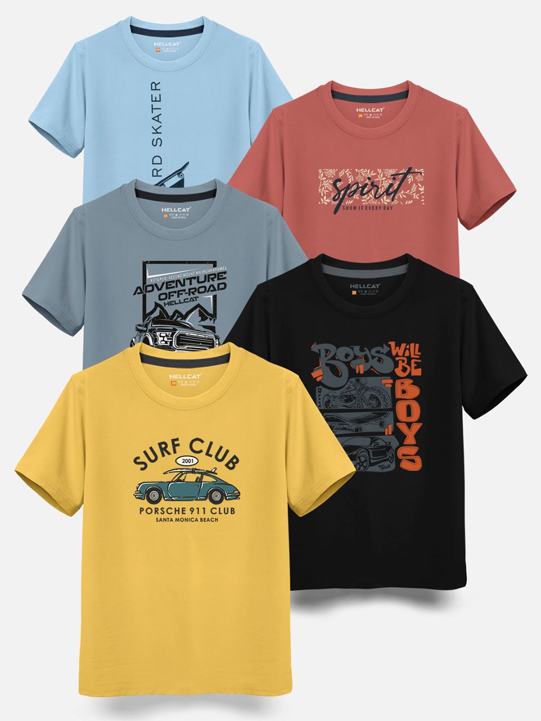 HELLCAT Boys Pack Of 5 Typography Printed Cotton T-shirt