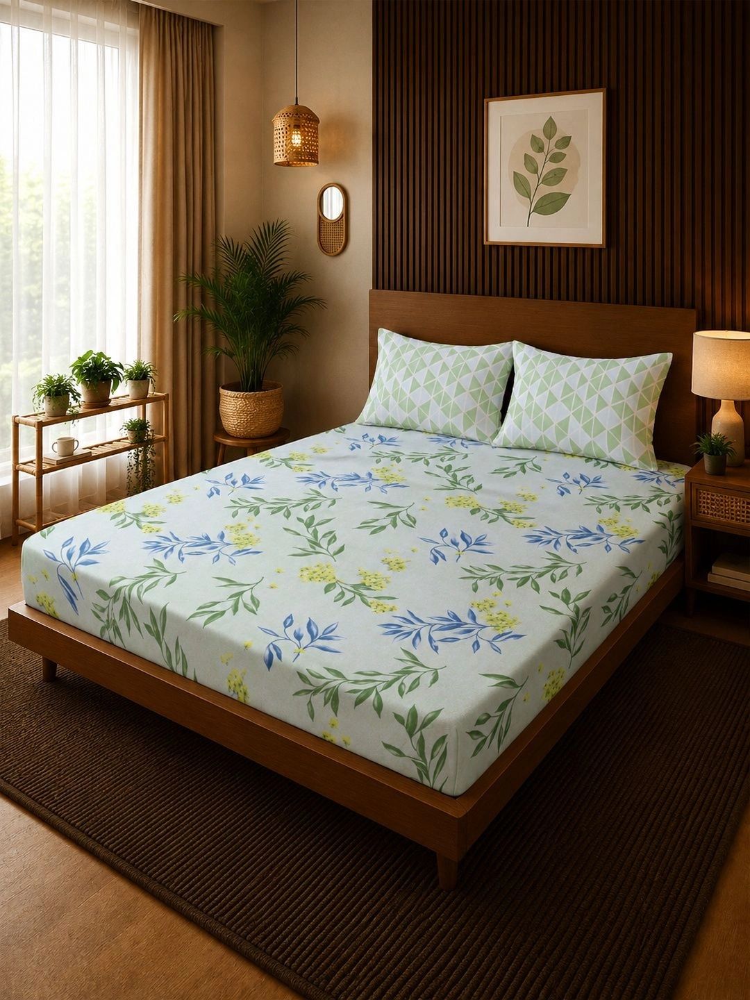 Moda Rapido X KLOTTHE Green & Blue Floral 300 TC King Bedsheet with 2 Pillow Covers