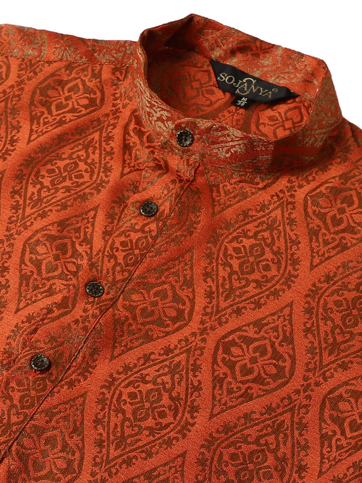Sojanya Men Orange & Golden Ethnic Motifs Jacquard Kurta