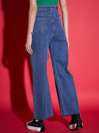 SASSAFRAS Women Navy Blue Straight Fit High-Rise Slash Knee Stretchable Jeans
