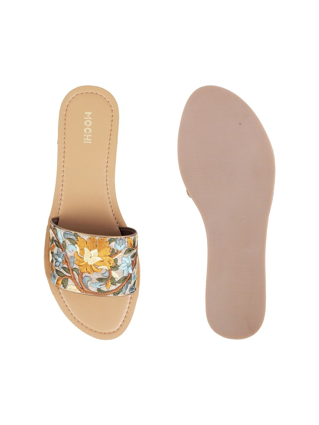 Mochi Women Tan Brown Woven Design Open Toe Flats