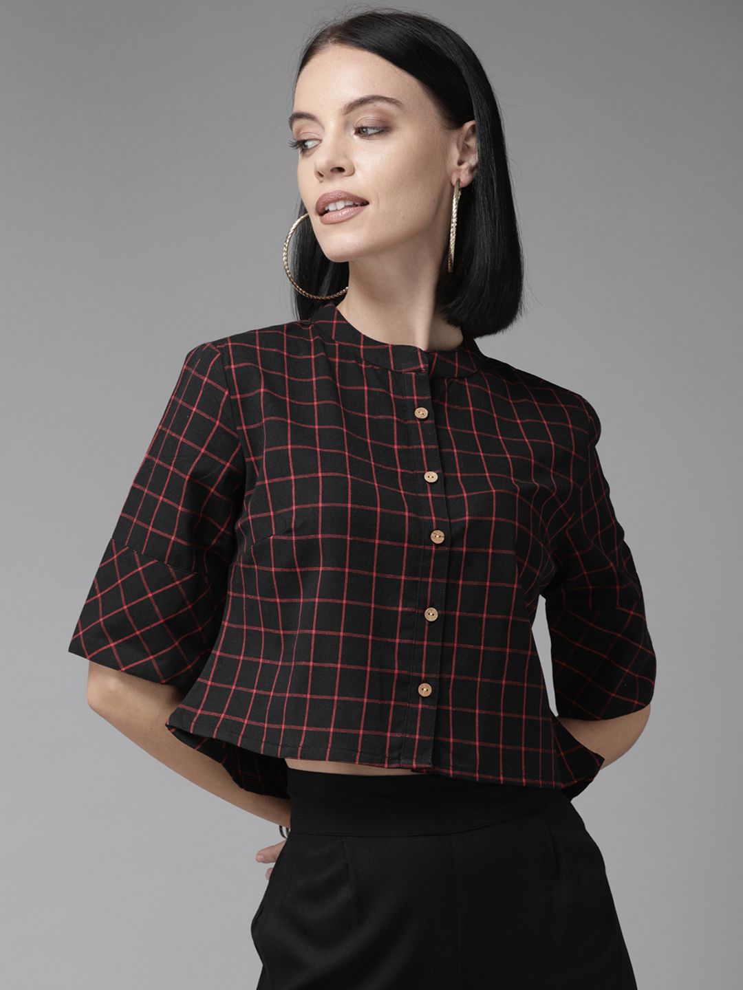Anouk Black Checked Crop Top