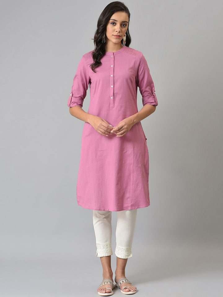 W Pink Roll-Up Sleeves Pathani Kurta