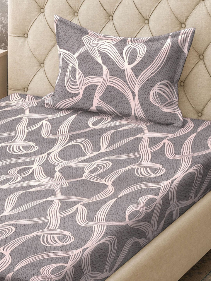 KLOTTHE Grey & White Abstract Printed 300TC Single Bedsheet & Pillow Cover