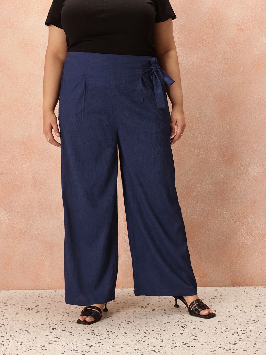 all about you Plus Size Women Crinkled Effect Mid-Rise Belted Detail Front-Pleats Trousers