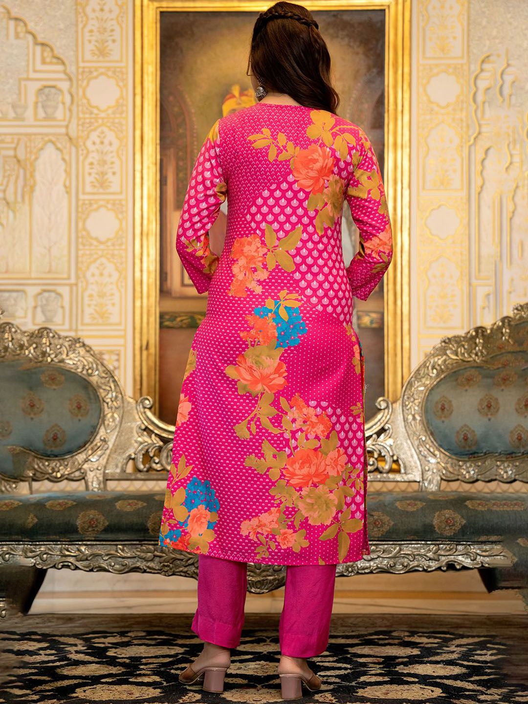 KALINI Floral Printed Straight Sequinned Kurta with Trousers & Dupatta