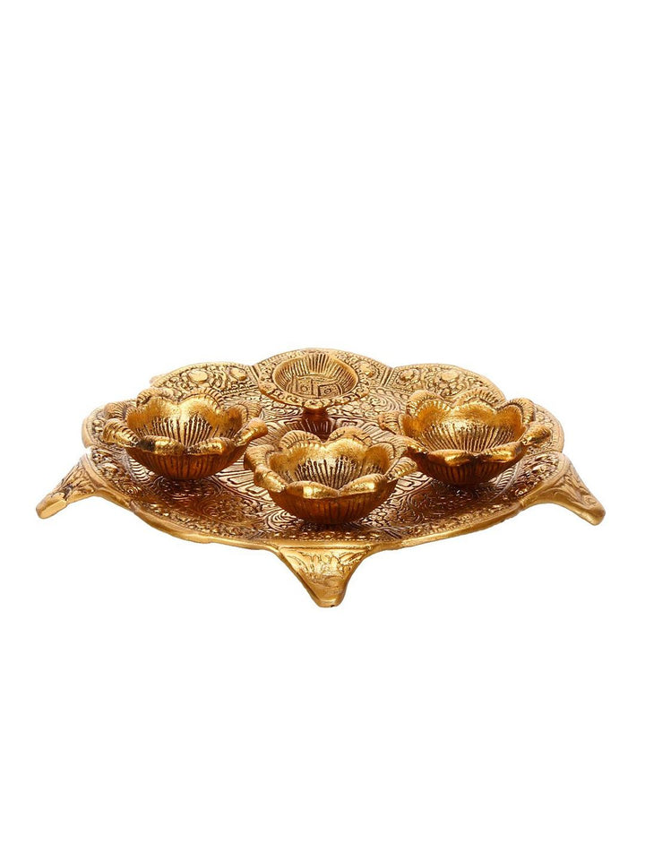 eCraftIndia Gold-Toned Swastik Pooja Thali Bowl & Diya Showpiece