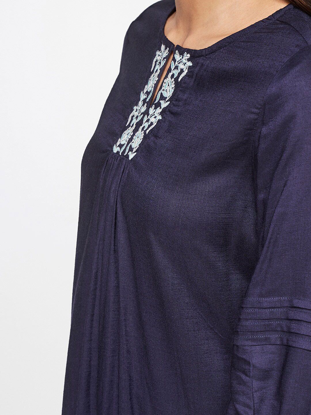 Global Desi Women Blue Keyhole Neck Top