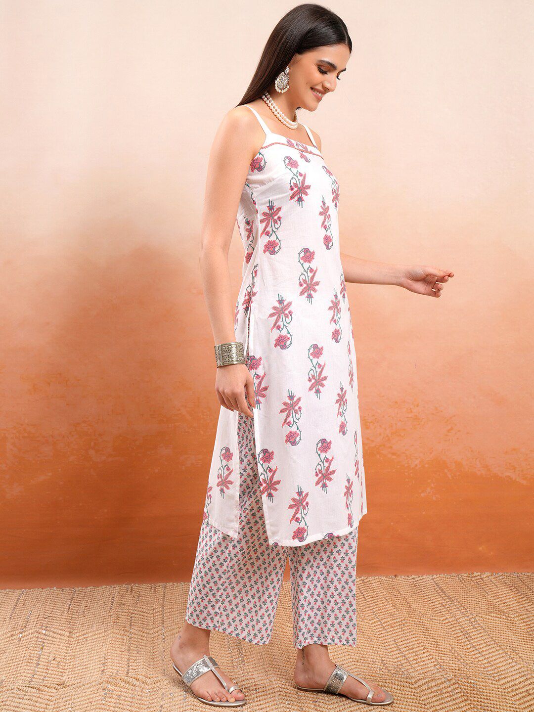 Vishudh White Printed Shoulder Straps Pure Cotton Straight Kurta With Palazzos & Dupatta