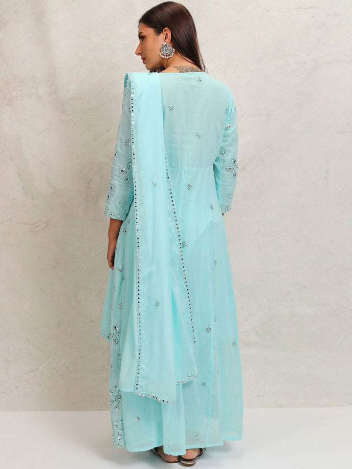Vishudh Blue Embroidered Mirror Work Pure Cotton Anarkali Kurta With Trousers & Dupatta