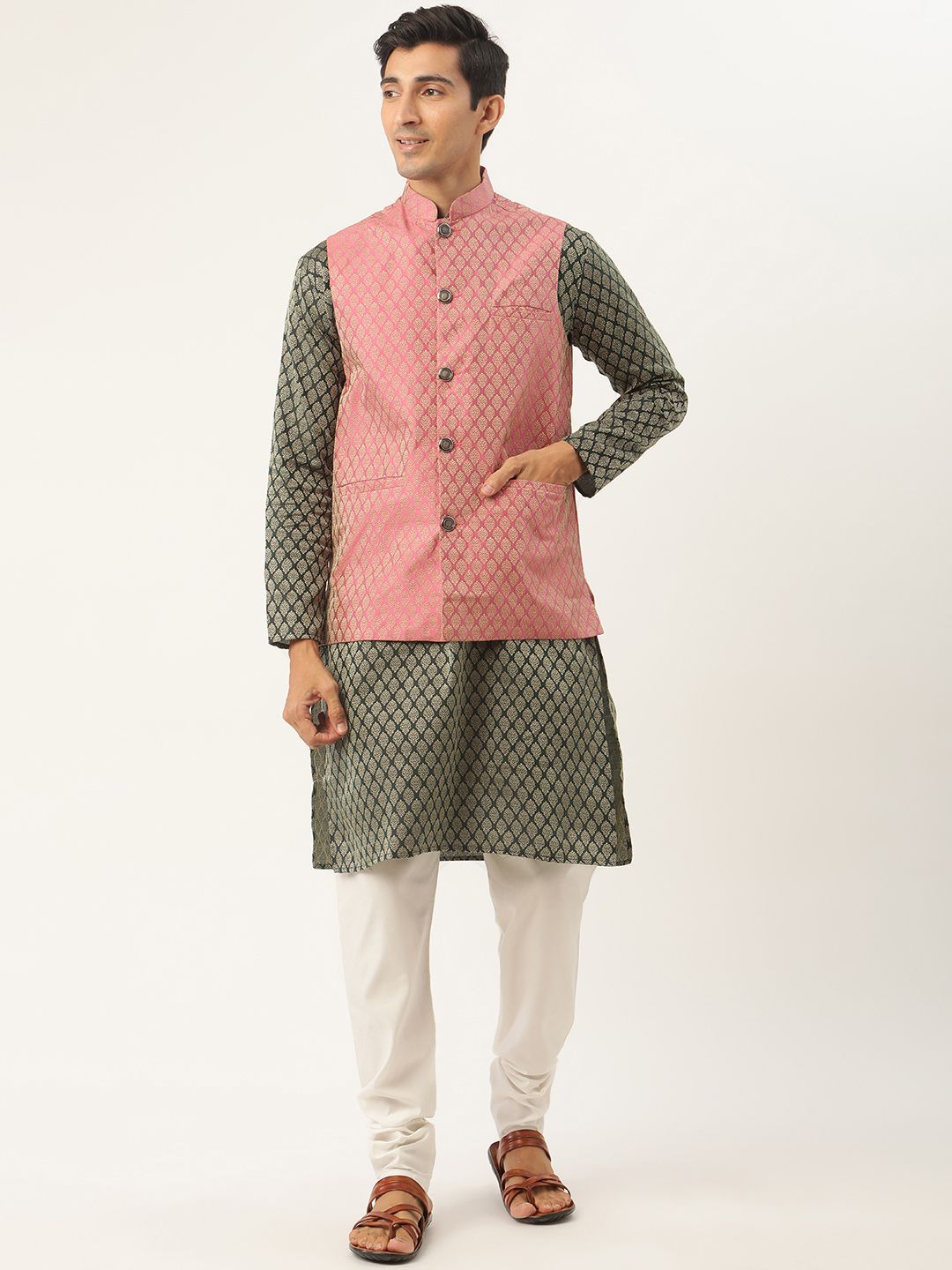 SOJANYA Men Green Ethnic Motifs Kurta with Churidar & Nehru Jacket