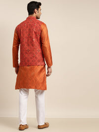 Sojanya Motif Etnik Orange Kurta dengan Piyama & Nehru Jacket