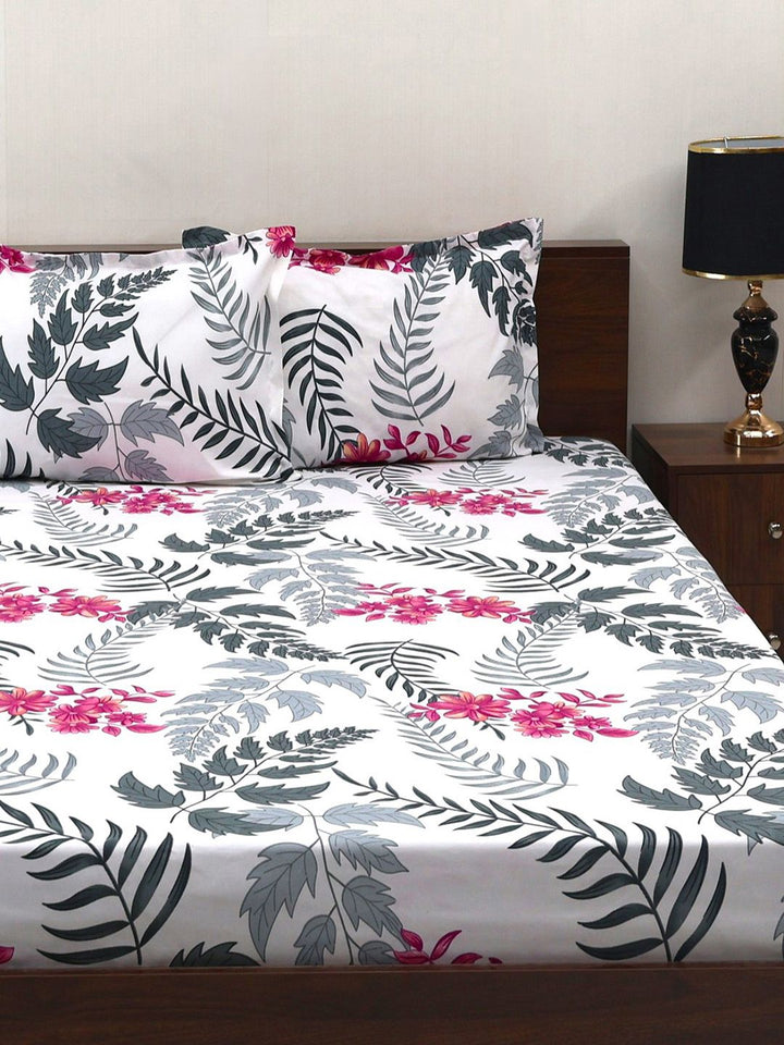 BOMBAY DYEING White & Grey Floral 160 TC Queen Bedsheet with 2 Pillow Covers