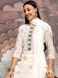 Vishudh Off White Ethnic Printed Thread Work Pure Cotton Kurta with Trousers & Dupatta