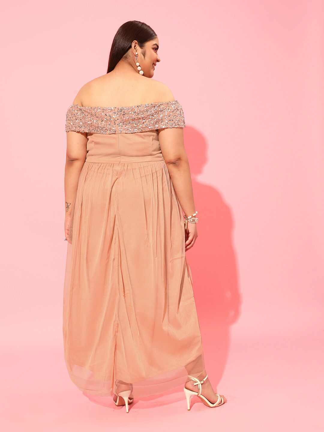 CURVY STREET Peach Plus Size Embellished Net Dress